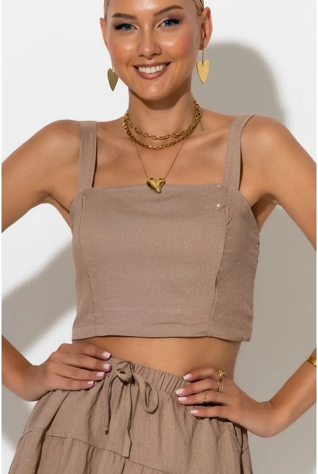 Σετ τύπου λινό crop top και φούστα - σορτς με στρας ταμπά