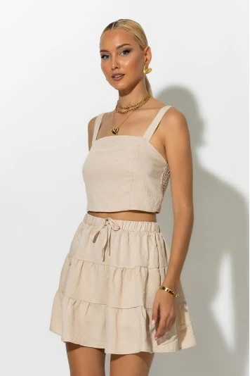 Σετ τύπου λινό crop top και φούστα - σορτς με στρας μπεζ