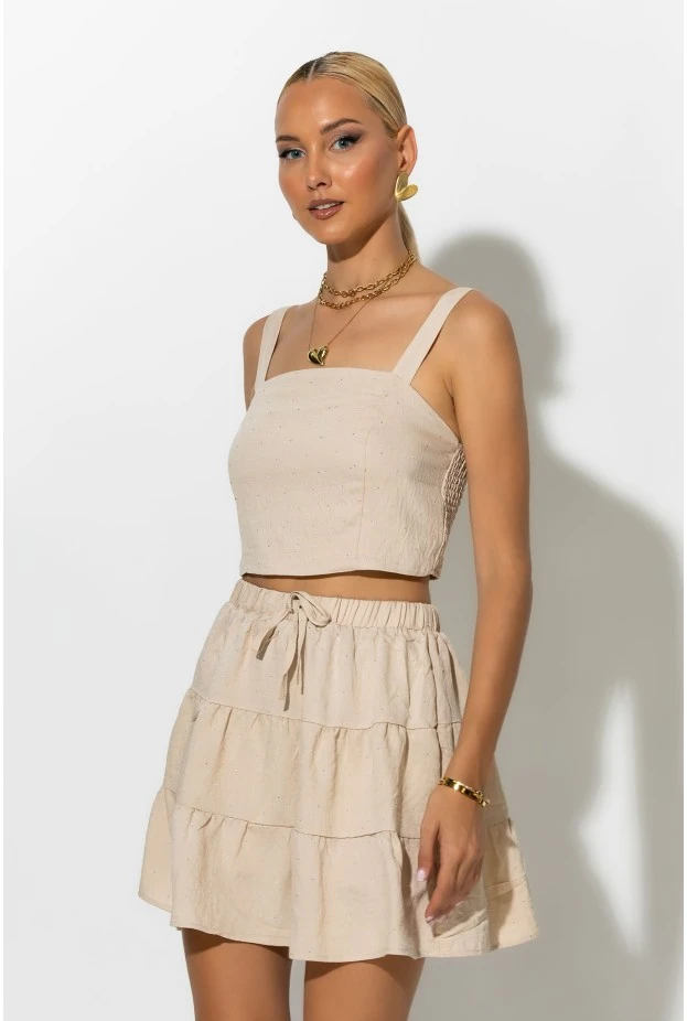 Σετ τύπου λινό crop top και φούστα - σορτς με στρας μπεζ