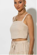 Σετ τύπου λινό crop top και φούστα - σορτς με στρας μπεζ Σετ τύπου λινό crop top και φούστα - σορτς με στρας μπεζ