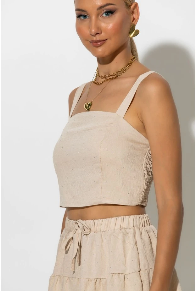 Σετ τύπου λινό crop top και φούστα - σορτς με στρας μπεζ