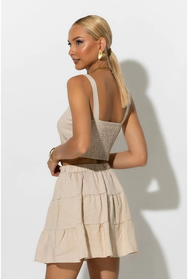 Σετ τύπου λινό crop top και φούστα - σορτς με στρας μπεζ