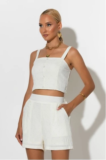 Σετ crop top με σφηγκοφωλιά πίσω και σορτς με στρας μπεζ