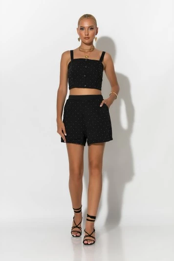 Σετ crop top με σφηγκοφωλιά πίσω και σορτς με στρας μπεζ