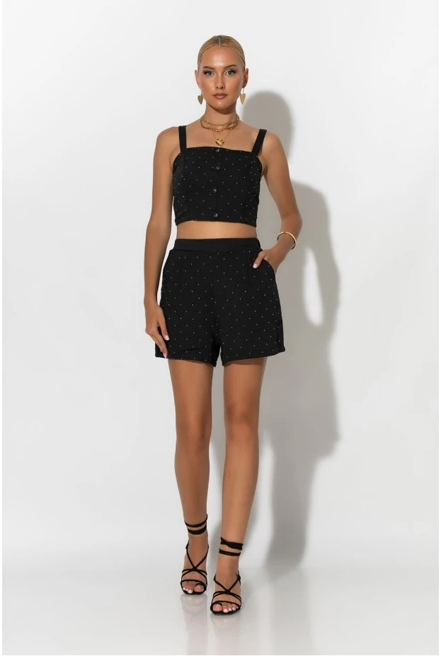 Σετ crop top με σφηγκοφωλιά πίσω και σορτς με στρας μαύρο
