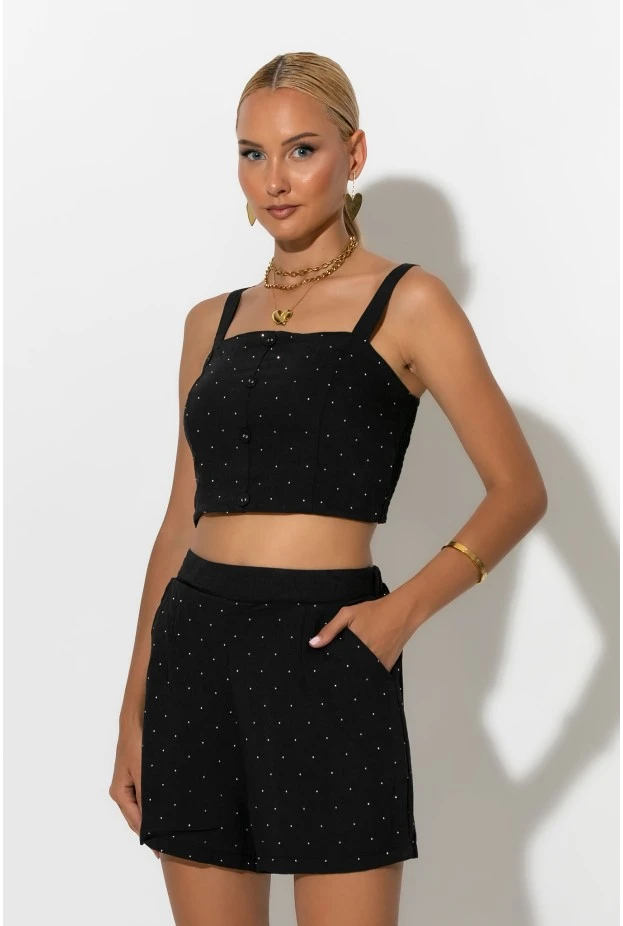 Σετ crop top με σφηγκοφωλιά πίσω και σορτς με στρας μαύρο