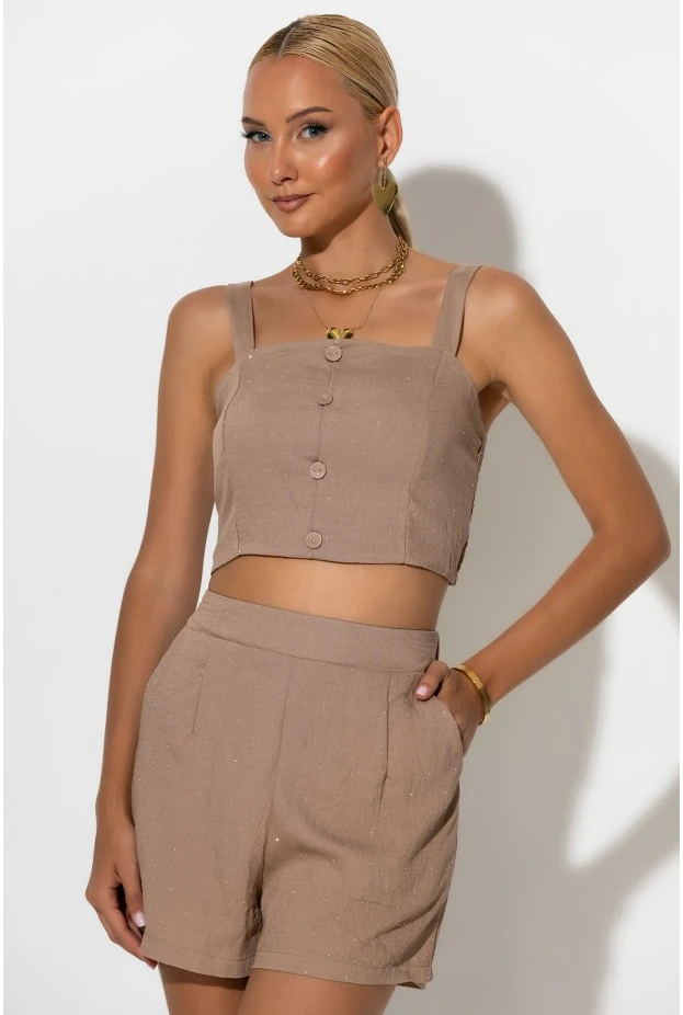 Σετ crop top με σφηγκοφωλιά πίσω και σορτς με στρας ταμπά