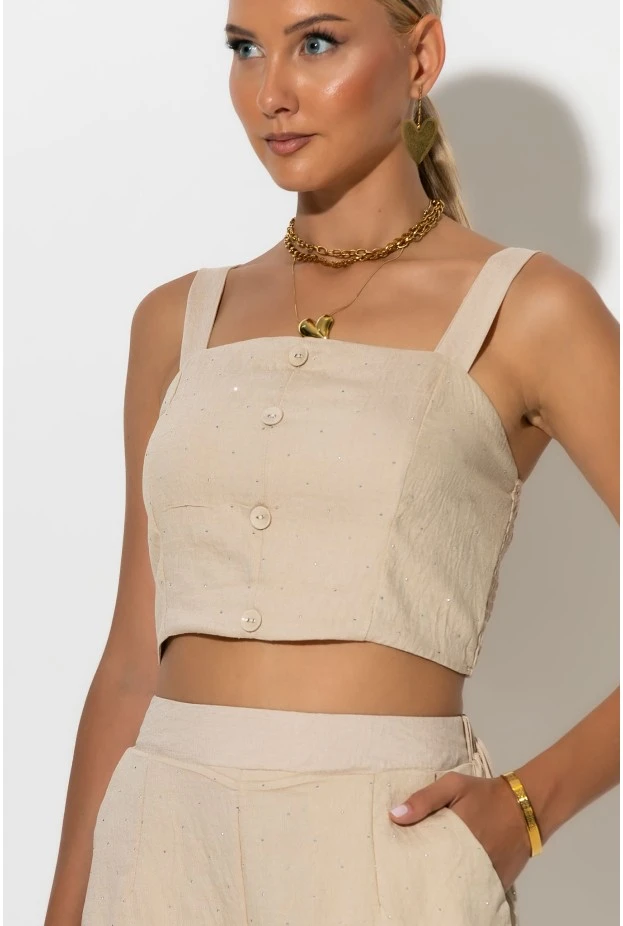 Σετ crop top με σφηγκοφωλιά πίσω και σορτς με στρας μπεζ