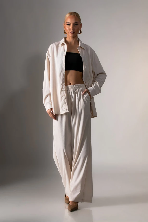 Κοτλέ σετ παντελόνα και πουκάμισο μπεζ