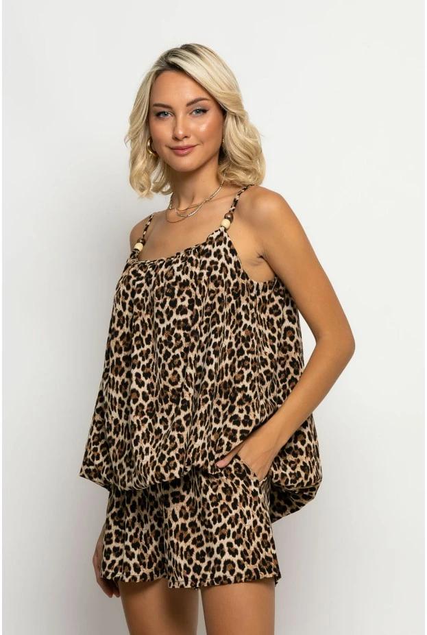 Σετ τιραντέ balloon μπλούζα και σορτσ leopard print μπεζ ανοιχτό
