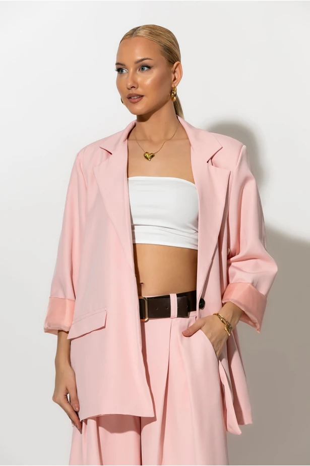 Σετ blazer και παντελόνα με ζώνη ροζ Σετ blazer και παντελόνα με ζώνη ροζ