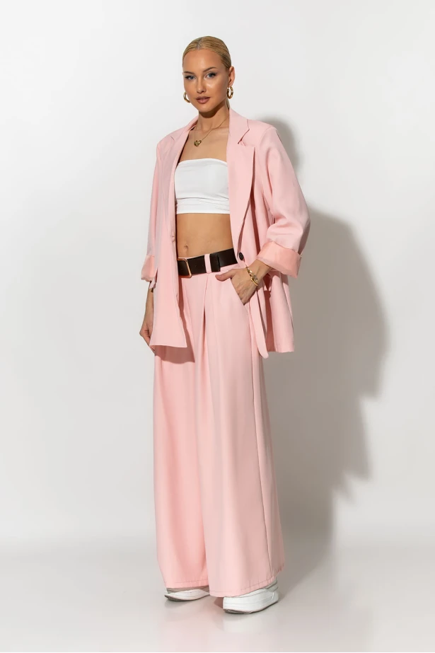 Σετ blazer και παντελόνα με ζώνη ροζ Σετ blazer και παντελόνα με ζώνη ροζ