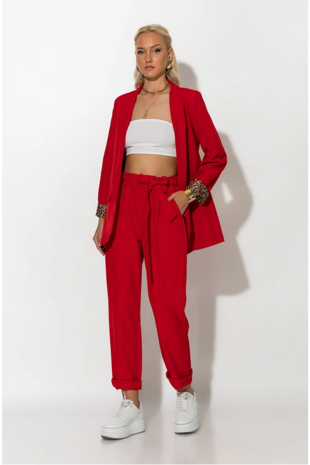 Σετ blazer με λεοπάρ φόδρα και παντελόνι με ζωνάκι κόκκινο