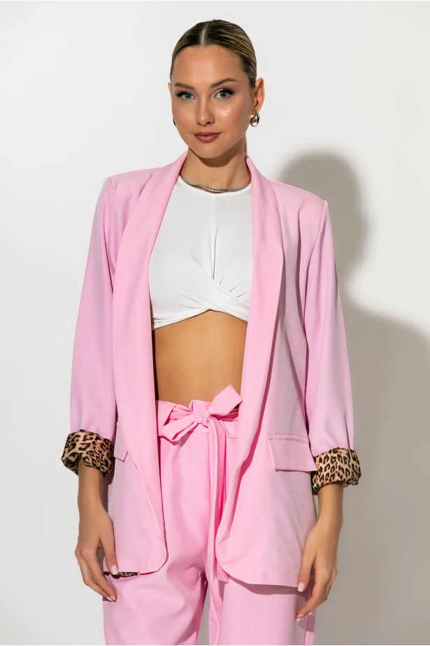 Σετ blazer με λεοπάρ φόδρα και παντελόνι με ζωνάκι ροζ Σετ blazer με λεοπάρ φόδρα και παντελόνι με ζωνάκι ροζ