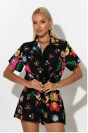 Σετ floral πουκάμισο με δέσιμο και σορτς μαύρο-ροζ