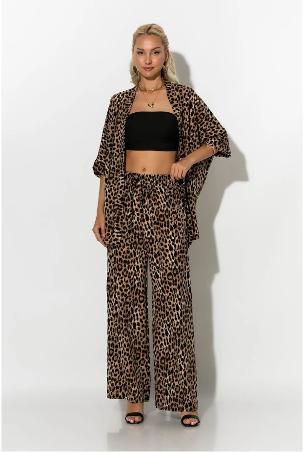 Σετ κιμονό και παντελόνα leopard print μπεζ σκούρο