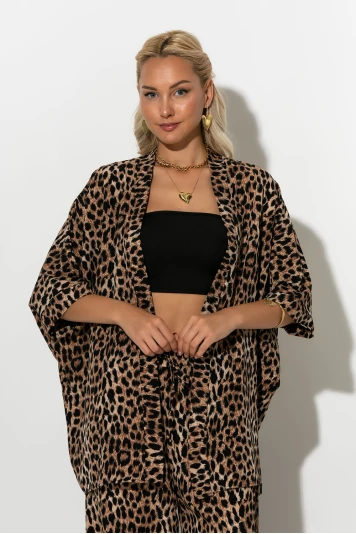 Σετ κιμονό και παντελόνα leopard print μπεζ σκούρο