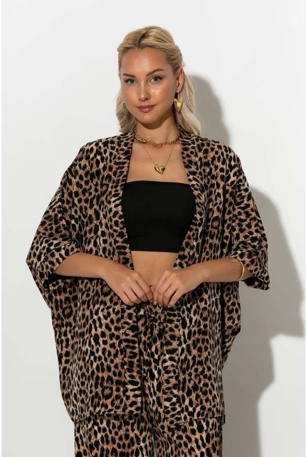 Σετ κιμονό και παντελόνα leopard print μπεζ σκούρο