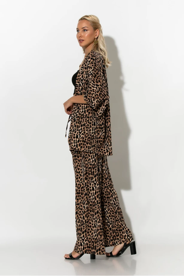 Σετ κιμονό και παντελόνα leopard print μπεζ σκούρο