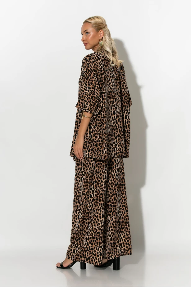 Σετ κιμονό και παντελόνα leopard print μπεζ σκούρο