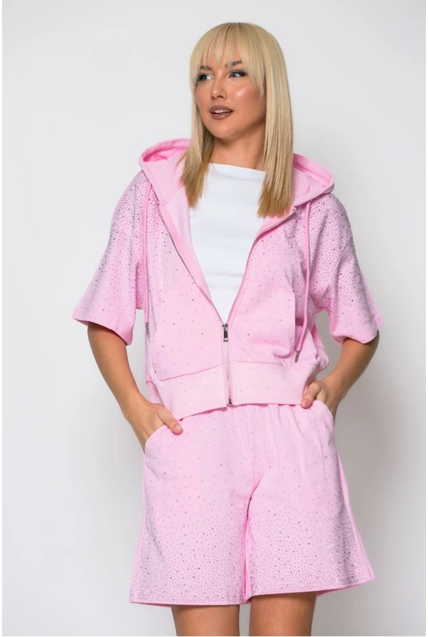 Σετ jacket κοντομάνικο και σορτς με στρας ροζ