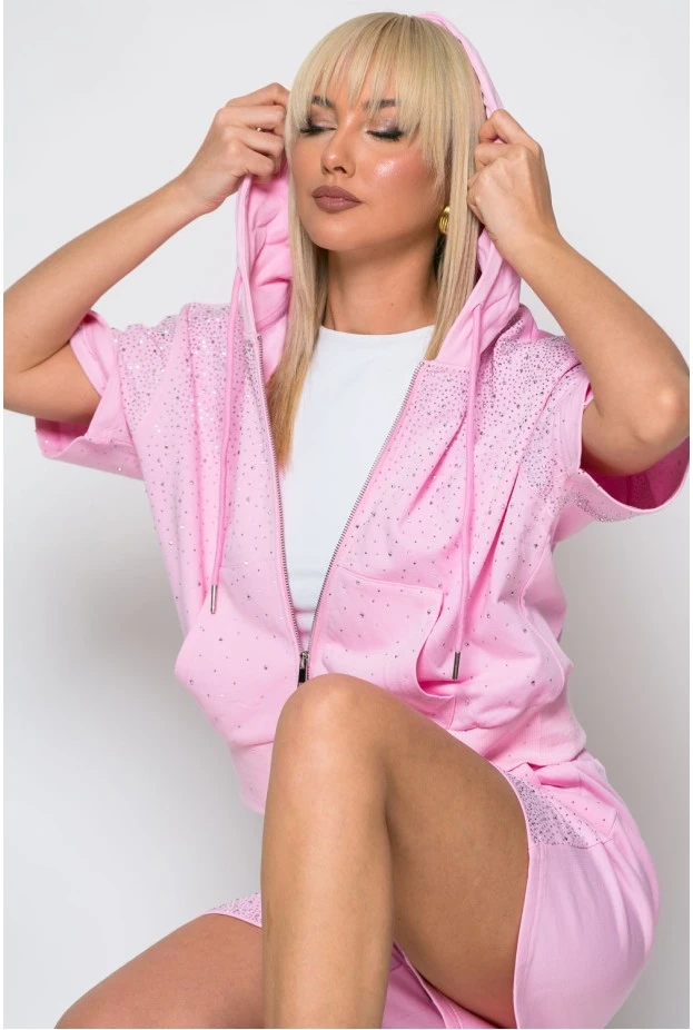 Σετ jacket κοντομάνικο και σορτς με στρας ροζ