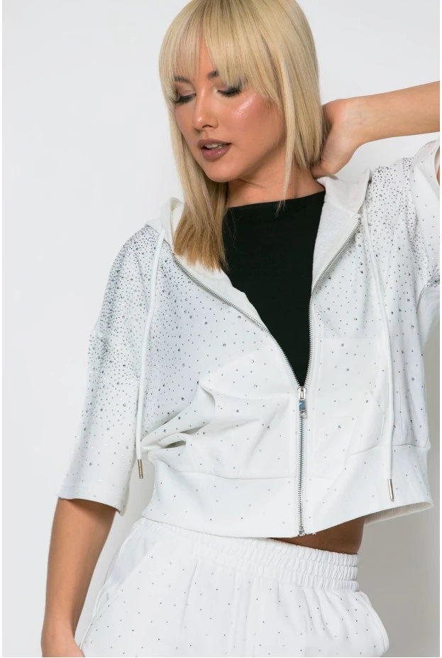 Σετ jacket κοντομάνικο και σορτς με στρας λευκό