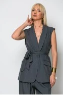 Σετ παντελόνα και αμάνικο blazer με ζώνη ανθρακί