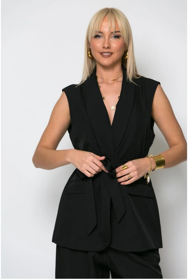 Σετ παντελόνα και αμάνικο blazer με ζώνη μαύρο