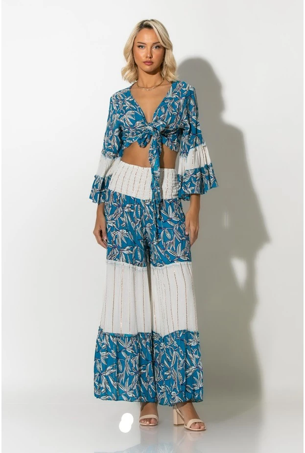 Boho σετ μπολερό και παντελόνα φλοράλ σιέλ