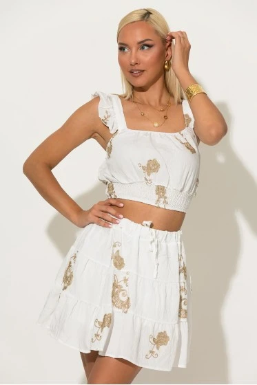 Σετ φούστα-σορτς και crop top με κεντήματα λευκό