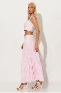 Σετ φούστα και crop top με δέσιμο στους ώμους και σφηγκοφωλία πίσω με κεντητά κοχύλια ροζ