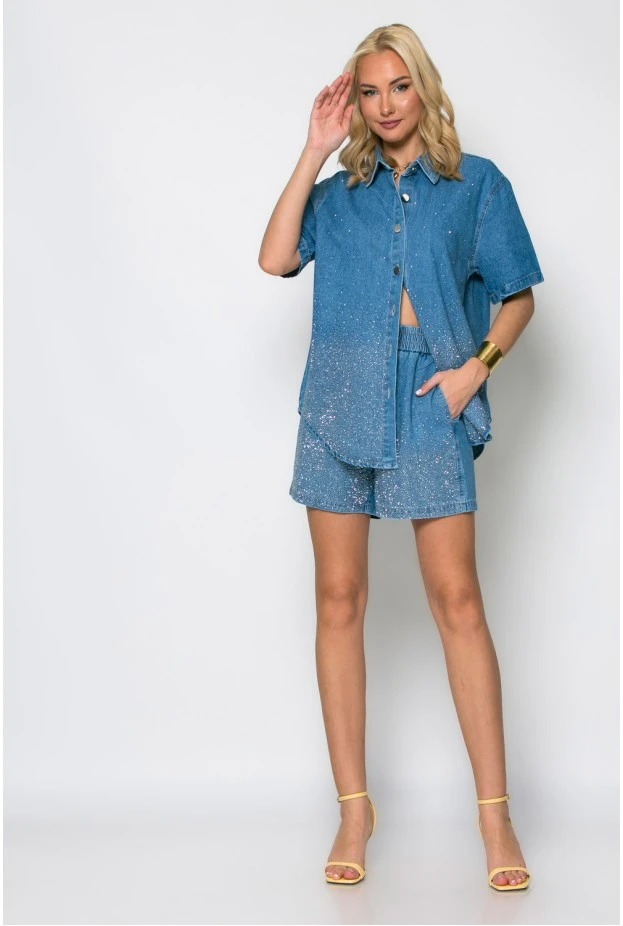 Σετ jean jacket και σορτς με στρας μπλε σκούρο