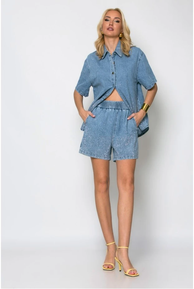 Σετ jean jacket και σορτς με στρας μπλε ανοιχτό