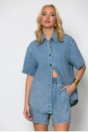Σετ jean jacket και σορτς με στρας μπλε ανοιχτό