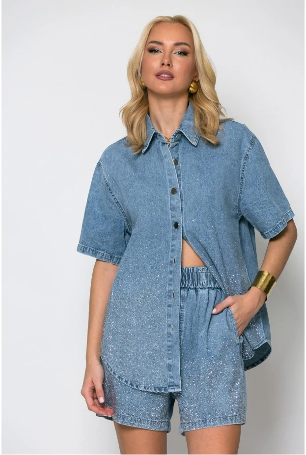 Σετ jean jacket και σορτς με στρας μπλε ανοιχτό