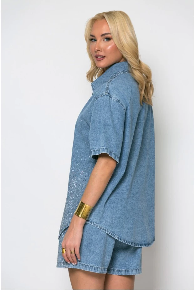 Σετ jean jacket και σορτς με στρας μπλε ανοιχτό
