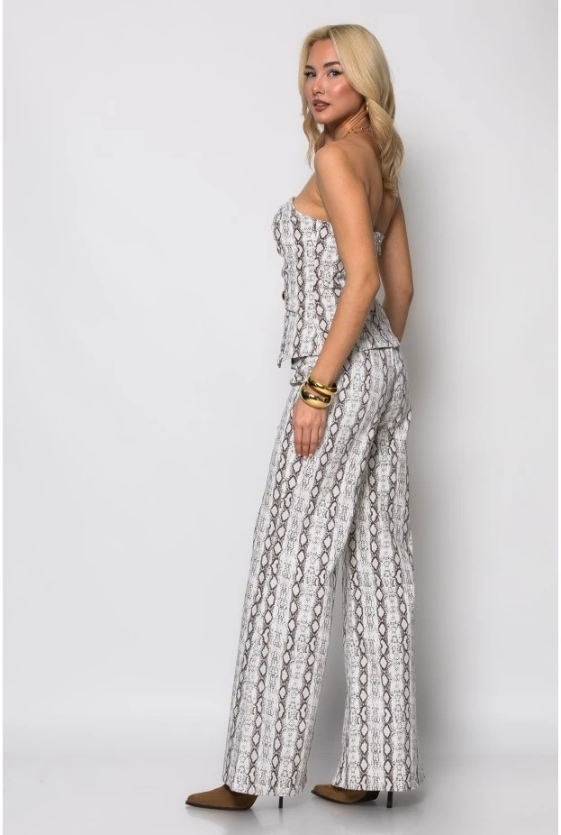 Σετ παντελόνα και γιλέκο snake print λευκό-καφέ