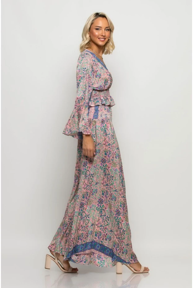 Σετ boho παντελόνα και κρουαζέ τοπ με βολάν στα μανίκια σομόν