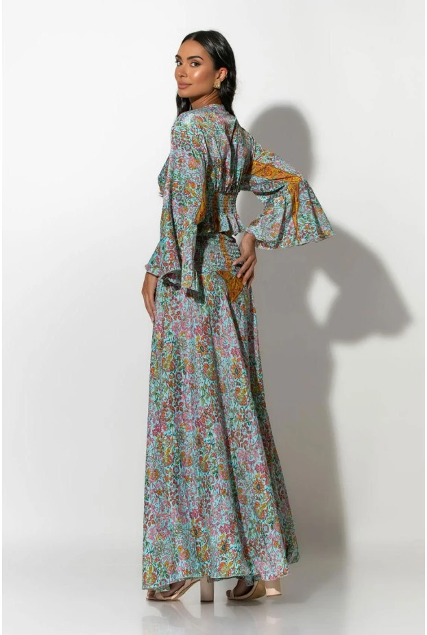 Σετ boho παντελόνα και κρουαζέ τοπ με βολάν στα μανίκια βεραμάν
