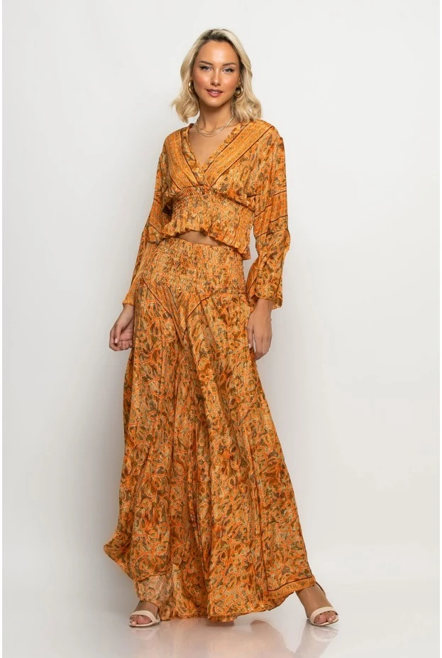 Σετ boho παντελόνα και κρουαζέ τοπ με βολάν στα μανίκια πορτοκαλί