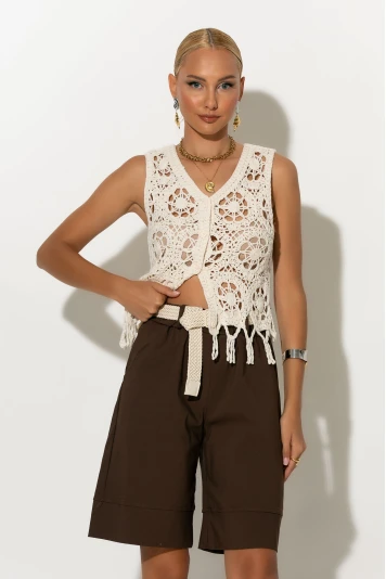 Crochet γιλέκο με κρόσια μπεζ