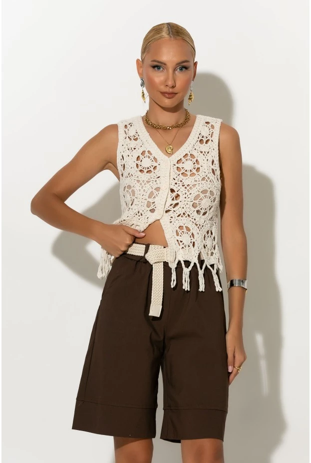 Crochet γιλέκο με κρόσια μπεζ