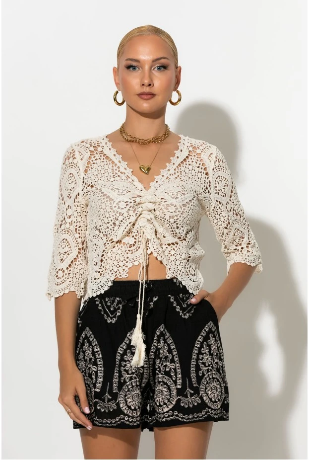 Crochet τοπ με κορδόνι μπεζ