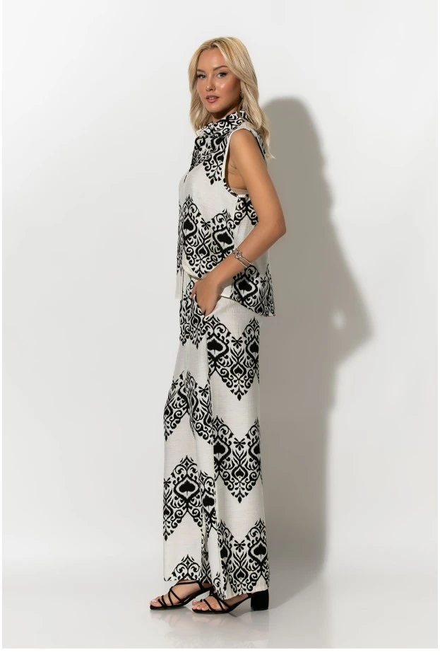 Σετ αμάνικο πουκάμισο και παντελόνα με ethnic ikat print λευκό-μαύρο