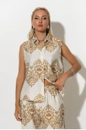 Σετ αμάνικο πουκάμισο και παντελόνα με ethnic ikat print λευκό-μπεζ