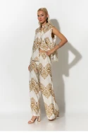 Σετ αμάνικο πουκάμισο και παντελόνα με ethnic ikat print λευκό-μπεζ