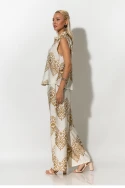 Σετ αμάνικο πουκάμισο και παντελόνα με ethnic ikat print λευκό-μπεζ
