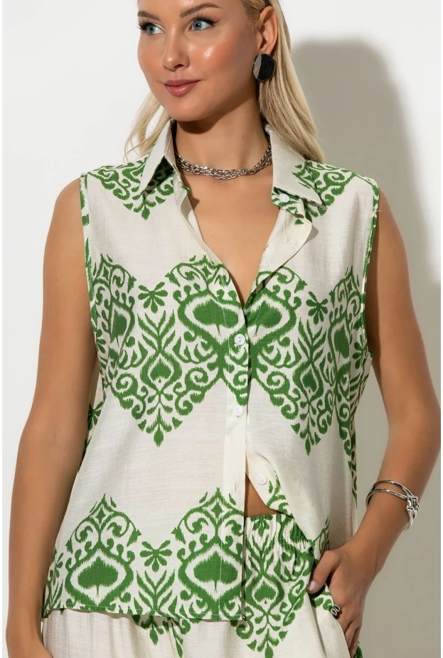 Σετ αμάνικο πουκάμισο και παντελόνα με ethnic ikat print λευκό-πράσινο