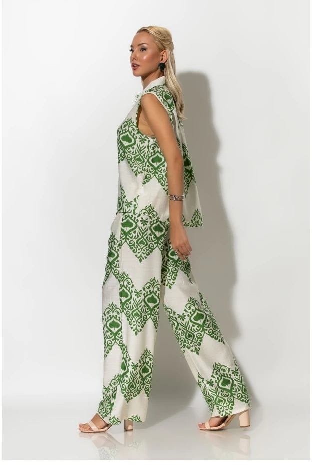 Σετ αμάνικο πουκάμισο και παντελόνα με ethnic ikat print λευκό-πράσινο